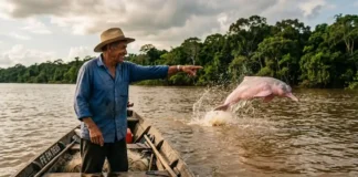 O exército de pescadores que se tornou o maior aliado dos botos no Marajó Pescador ribeirinho apontando para um boto-cor-de-rosa saltando nas águas turvas do Rio Amazonas no Marajó