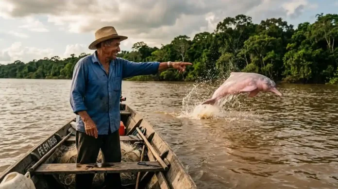 Pescador ribeirinho apontando para um boto-cor-de-rosa saltando nas águas turvas do Rio Amazonas no Marajó Pescador ribeirinho apontando para um boto-cor-de-rosa saltando nas águas turvas do Rio Amazonas no Marajó