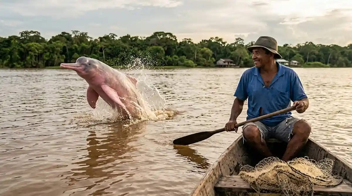 O exército de pescadores que se tornou o maior aliado dos botos no Marajó 1 Pescador ribeirinho olhando para um boto-cor-de-rosa saltando nas águas turvas do Rio Amazonas no Marajó