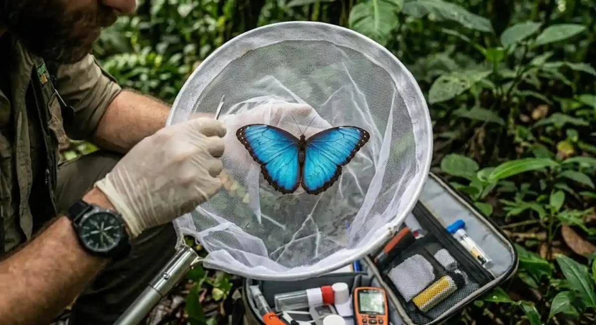Pesquisador de campo examina borboleta capturada em rede entomológica sob a copa espessa das árvores