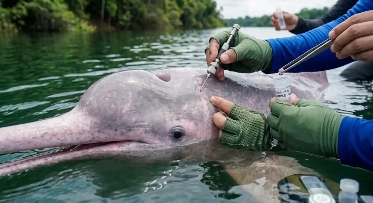 Pesquisadores coletando amostras de água e DNA