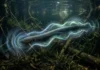 Poraquê e as águas escuras do Rio Negro revelam um sistema de comunicação incrível através de pulsos elétricos Poraquê nadando em águas profundas rodeado por representações visuais luminosas de ondas eletromagnéticas suaves na floresta