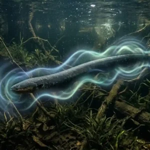 Poraquê e as águas escuras do Rio Negro revelam um sistema de comunicação incrível através de pulsos elétricos Poraquê nadando em águas profundas rodeado por representações visuais luminosas de ondas eletromagnéticas suaves na floresta