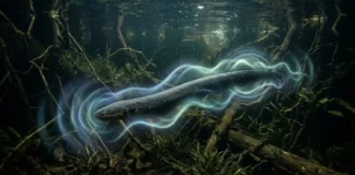Poraquê e as águas escuras do Rio Negro revelam um sistema de comunicação incrível através de pulsos elétricos Poraquê nadando em águas profundas rodeado por representações visuais luminosas de ondas eletromagnéticas suaves na floresta