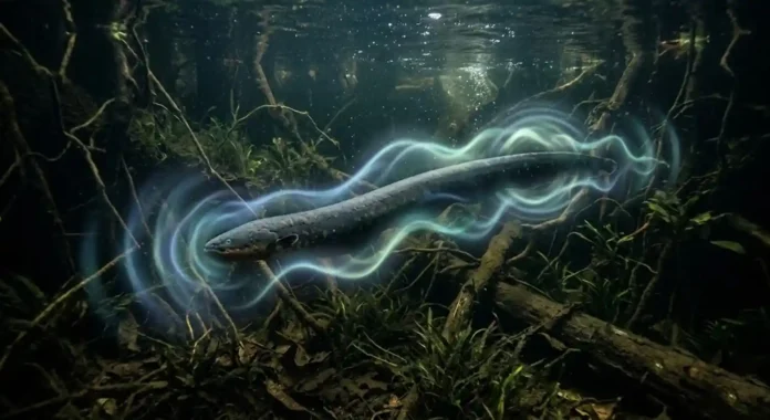 Poraquê nadando em águas profundas rodeado por representações visuais luminosas de ondas eletromagnéticas suaves na floresta