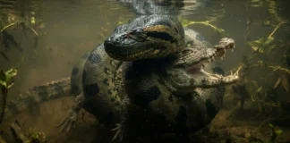 Novas imagens revelam como a gigante sucuri consegue dominar e caçar jacarés adultos nas águas profundas da Amazônia Sucuri-Verde predator no Pantanal do Jacaré