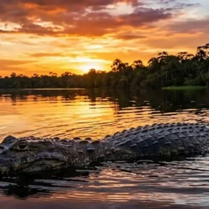 O retorno do jacaré-açu ao Rio Negro revela como a preservação ambiental está transformando o destino deste gigante crocodiliano Um jacaré-açu pelo Rio Negro ao pôr do sol.