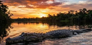 O retorno do jacaré-açu ao Rio Negro revela como a preservação ambiental está transformando o destino deste gigante crocodiliano Um jacaré-açu pelo Rio Negro ao pôr do sol.