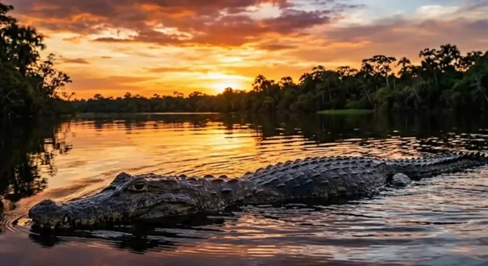 Um jacaré-açu pelo Rio Negro ao pôr do sol.
