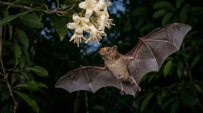 Um morcego-beija-flor com o focinho coberto de pólen pairando sobre uma flor de cor clara