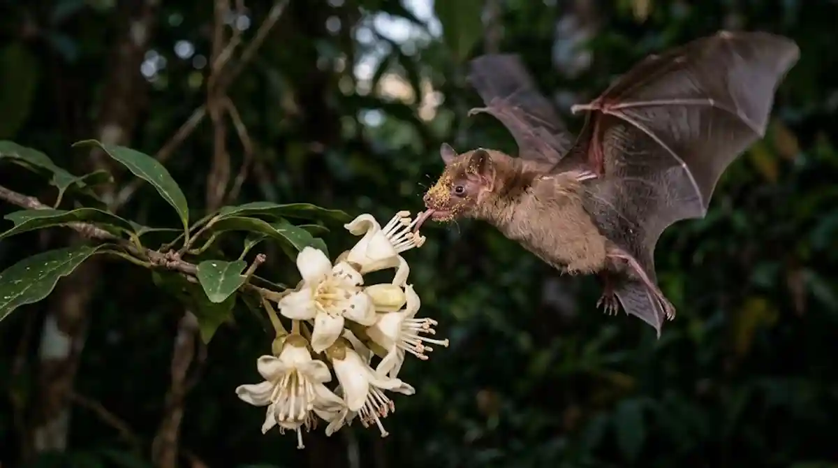 Um morcego-beija-flor com o focinho coberto de pólen pairando sobre uma flor de cor clara na mata.