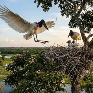 O retorno triunfal do tuiuiú aos céus do Pantanal Um tuiuiú adulto de asas abertas pousando em seu ninho no topo de uma árvore piúva