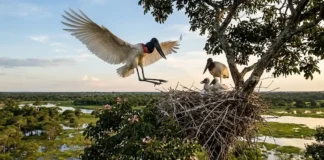 O retorno triunfal do tuiuiú aos céus do Pantanal Um tuiuiú adulto de asas abertas pousando em seu ninho no topo de uma árvore piúva