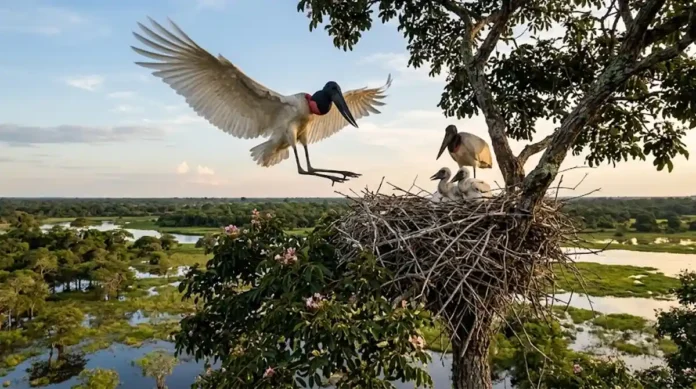Um tuiuiú adulto de asas abertas pousando em seu ninho no topo de uma árvore piúva