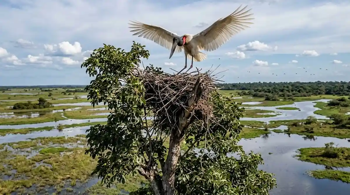 Um tuiuiú adulto de asas abertas pousando em seu ninho no topo de uma árvore