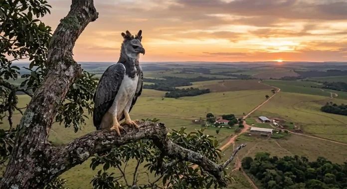 Uma águia-harpia adulta pousada em um galho imenso