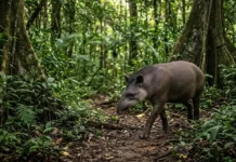 El tapir amazónico, el gigante silencioso que siembra los árboles del futuro Uma anta caminhando por uma trilha na mata densa com luz solar filtrada pelas copas das árvores