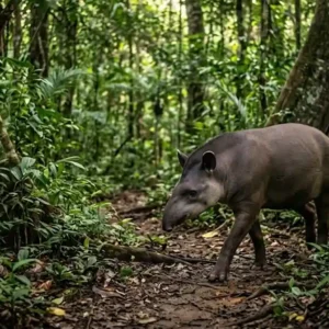 O gigante silencioso que planta o futuro das florestas tropicais Uma anta caminhando por uma trilha na mata densa com luz solar filtrada pelas copas das árvores