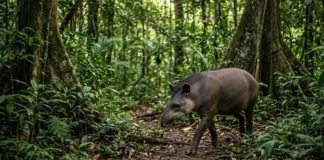 O gigante silencioso que planta o futuro das florestas tropicais Uma anta caminhando por uma trilha na mata densa com luz solar filtrada pelas copas das árvores