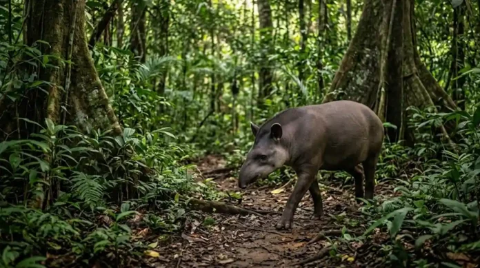 Uma anta caminhando por uma trilha na mata densa com luz solar filtrada pelas copas das árvores Uma anta caminhando por uma trilha na mata densa com luz solar filtrada pelas copas das árvores