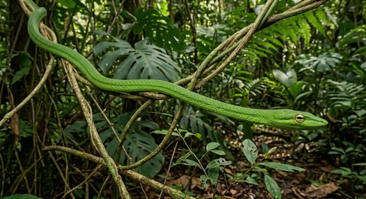 Uma cobra-cipó verde incrivelmente fina esticada entre folhas e galhos, perfeitamente camuflada no ambiente amazônico sob a luz solar difusa