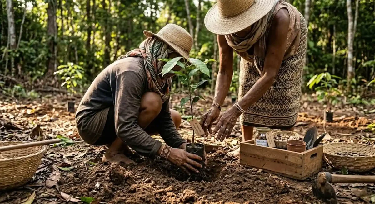 Quilombolas salvam espécies amazônicas da extinção 2 Uma quilombola plantando uma muda de espécie nativa sob a supervisão de uma anciã.