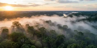 O pulmão do mundo que remove a poluição de 1,5 bilhão de carros por ano Vista aérea de uma floresta densa e preservada com neblina matinal subindo das copas das árvores na Amazônia