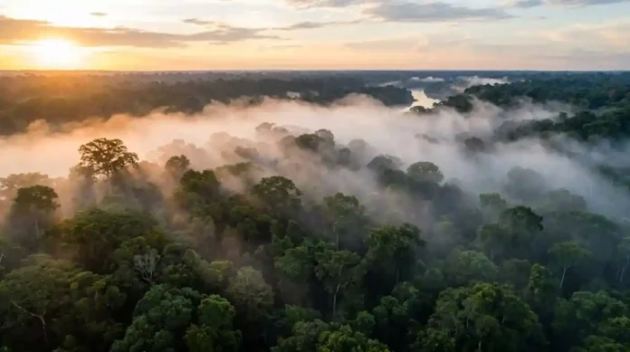 Vista aérea de uma floresta densa e preservada com neblina matinal subindo das copas das árvores na Amazônia
