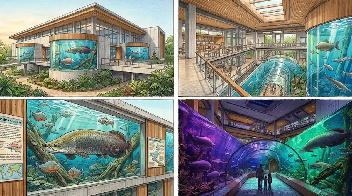 Aquário moderno com túneis de vidro submersos cercados por peixes amazônicos gigantes
