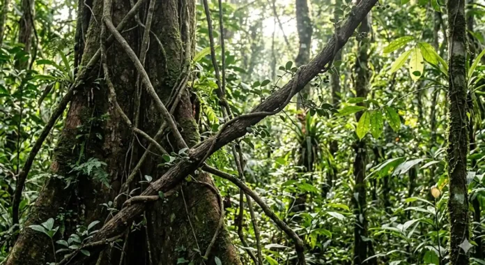 cipó Strychnos toxifera entrelaçado em árvores gigantes