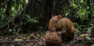 A castanheira gigante que depende da abelha solitária e do dente da cutia para sobreviver na floresta amazônica cutia roendo o ouriço lenhoso da castanha-do-pará sob a sombra de uma árvore
