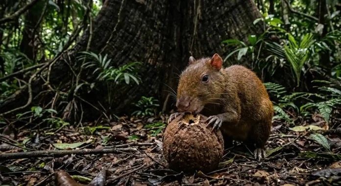 cutia roendo o ouriço lenhoso da castanha-do-pará sob a sombra de uma árvore cutia roendo o ouriço lenhoso da castanha-do-pará sob a sombra de uma árvore