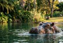Hipopótamo Ramon chega ao Zoo de São Paulo após 20 anos sozinho e ganha companheira Hipopótamo em recinto de zoológico cercado por água e vegetação