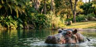 Hipopótamo Ramon chega ao Zoo de São Paulo após 20 anos sozinho e ganha companheira Hipopótamo em recinto de zoológico cercado por água e vegetação
