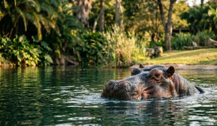 hippo Hipopótamo em recinto de zoológico cercado por água e vegetação