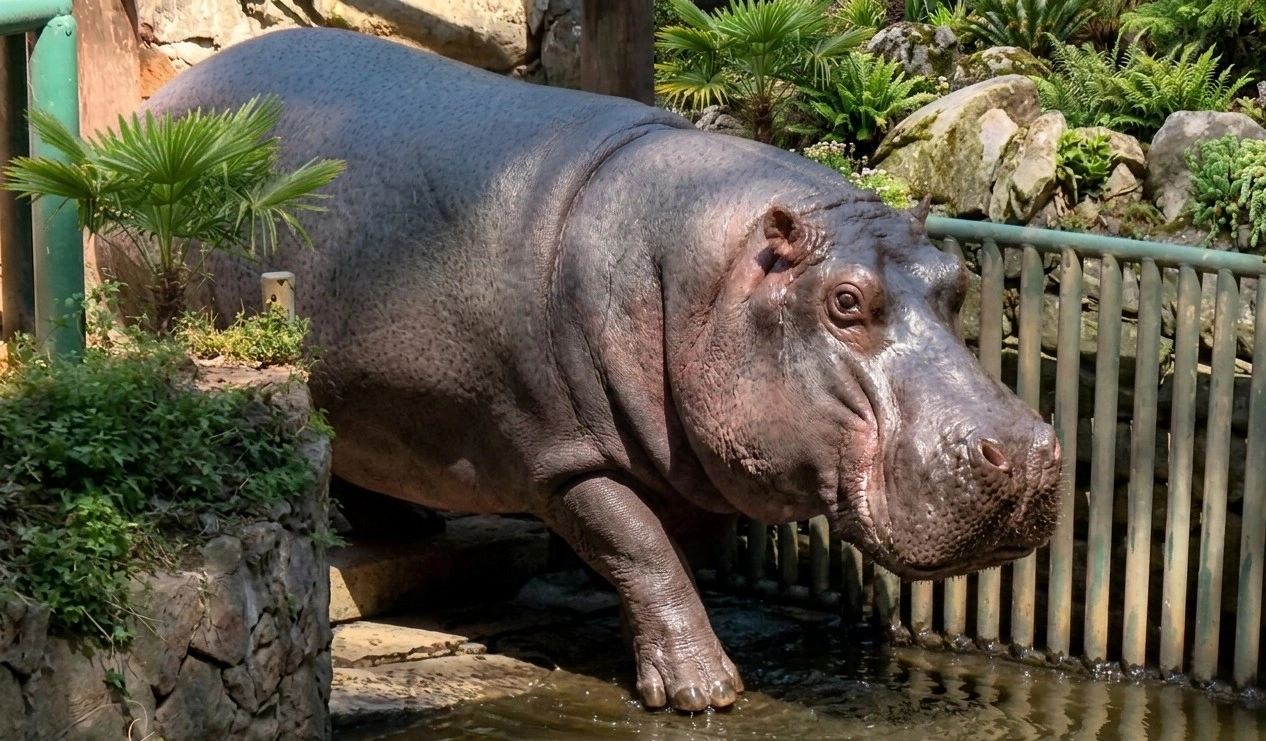 Hipopótamo-comum em recinto de zoológico ao lado de lago