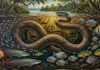 Como a mítica cobra grande dos povos Dessana protege a biodiversidade aquática e as águas do Rio Negro Pintura indígena em representando uma serpente gigante submersa guiando cardumes de peixes coloridos no Rio Negro