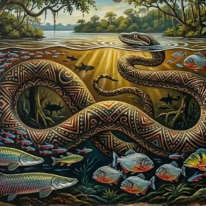 Como a mítica cobra grande dos povos Dessana protege a biodiversidade aquática e as águas do Rio Negro Pintura indígena em representando uma serpente gigante submersa guiando cardumes de peixes coloridos no Rio Negro