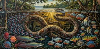 Como a mítica cobra grande dos povos Dessana protege a biodiversidade aquática e as águas do Rio Negro Pintura indígena em representando uma serpente gigante submersa guiando cardumes de peixes coloridos no Rio Negro