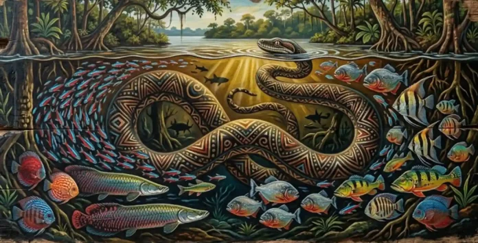 Pintura indígena em representando uma serpente gigante submersa guiando cardumes de peixes coloridos no Rio Negro