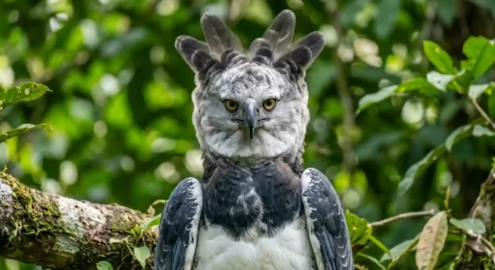 Uma Harpia exibindo seu penacho duplo erguido e olhos penetrantes