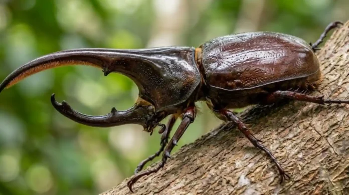 O besouro-rinoceronte e sua força extraordinária proporcional no coração da floresta amazônica preservada