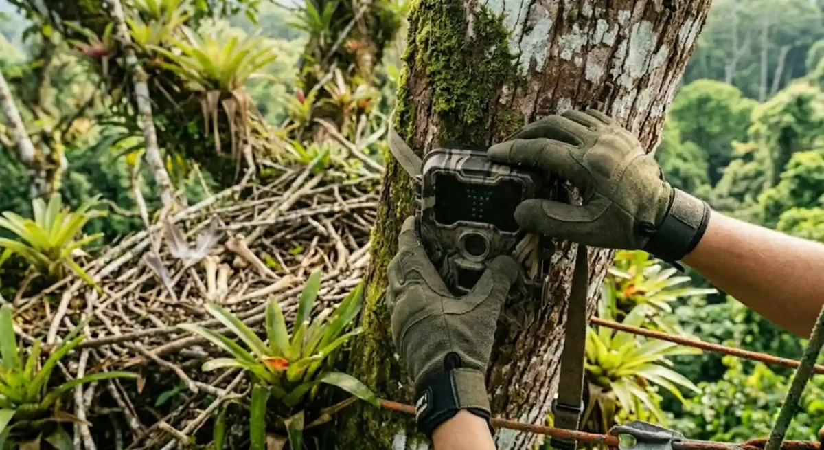 Biólogo instalando uma câmera trap no alto de uma árvore próxima ao ninho