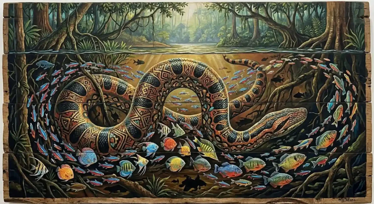 Pintura indígena em  representando uma serpente gigante submersa guiando cardumes de peixes coloridos no Rio Negro