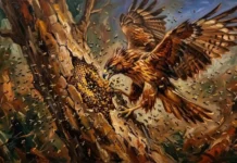 O gavião especialista do Cerrado e sua incrível armadura de penas para atacar colmeias de abelhas sem sofrer ferroadas Gavião com penas eriçadas em ataque a colmeia em tronco — pintura óleo expressionista movimento e dinamismo tons ocres e castanhos abelhas em torno
