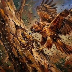 O gavião especialista do Cerrado e sua incrível armadura de penas para atacar colmeias de abelhas sem sofrer ferroadas Gavião com penas eriçadas em ataque a colmeia em tronco — pintura óleo expressionista movimento e dinamismo tons ocres e castanhos abelhas em torno