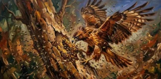 O gavião especialista do Cerrado e sua incrível armadura de penas para atacar colmeias de abelhas sem sofrer ferroadas Gavião com penas eriçadas em ataque a colmeia em tronco — pintura óleo expressionista movimento e dinamismo tons ocres e castanhos abelhas em torno