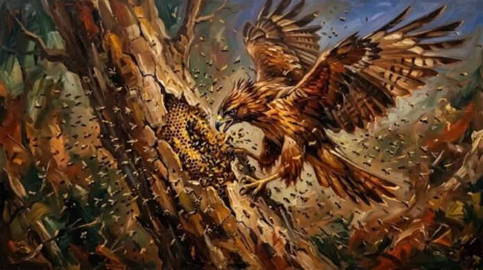 Gavião com penas eriçadas em ataque a colmeia em tronco — pintura óleo expressionista movimento e dinamismo tons ocres e castanhos abelhas em torno