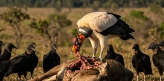 O imponente urubu-rei utiliza sua coloração vibrante para estabelecer dominância em carcaças na complexa hierarquia do ecossistema amazônico