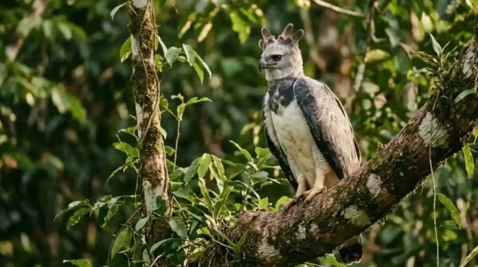 Fotografia em close de um gavião-real (harpia) adulto, de perfil, pousado em um tronco grosso e inclinado de uma árvore na floresta. A ave possui plumagem cinza e branca, com sua característica crista de penas levemente erguida. O olhar é atento e amarelado. O fundo é composto por folhagens verdes densas com luz solar suave filtrada entre as árvores